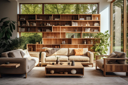 A bright, modern living room with a wooden coffee table and sleek wooden shelving units. Generative AIの素材