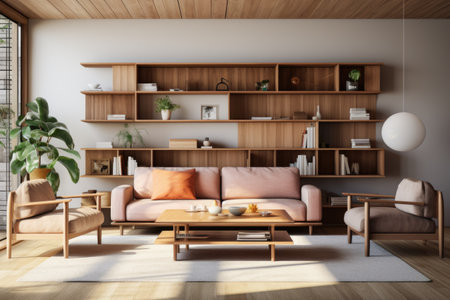 A bright, modern living room with a wooden coffee table and sleek wooden shelving units. Generative AIの素材