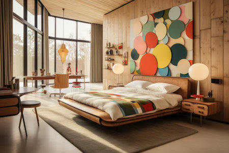 A bedroom with a platform bed, a vintage vanity, and a retro-inspired wall mural. Generative AIの素材