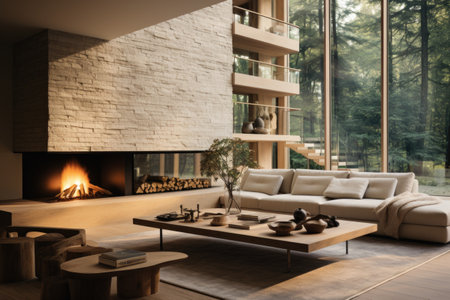 A living room with a statement fireplace, a floating media console, and a gallery wall. Generative AIの素材