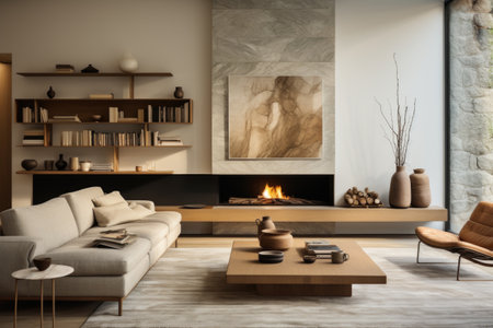A living room with a statement fireplace, a floating media console, and a gallery wall. Generative AIの素材