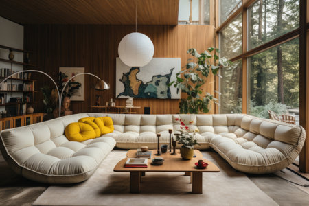 A living room with a sectional sofa, a low-slung coffee table, and a hanging egg chair. Alvar Aalto style. Generative AIの素材