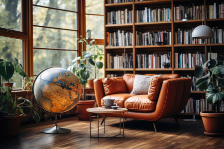 A home library with built-in bookshelves, a cozy reading nook, and a vintage globe. Generative AIの素材