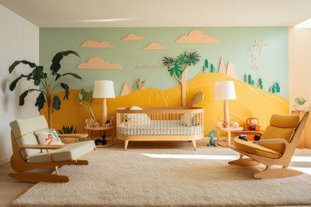 A nursery with a mid-century crib, a rocking chair, and whimsical animal-themed decor. Alvar Aalto style. Generative AIの素材