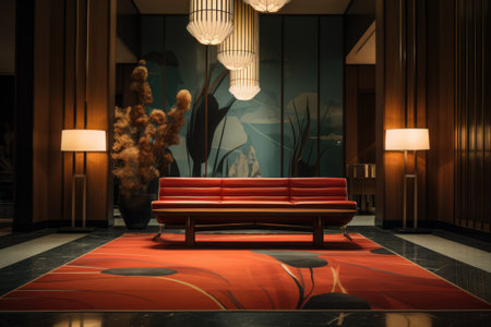 A hallway with a geometric patterned runner, a classic mid-century bench, and a statement pendant light. Generative AIの素材