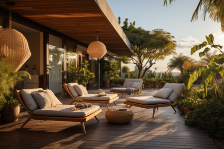An outdoor terrace with a teak lounge set, hanging planters, and a sculptural sunshade. Generative AIの素材