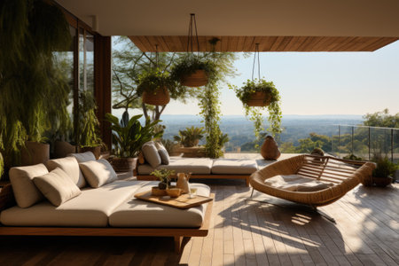 An outdoor terrace with a teak lounge set, hanging planters, and a sculptural sunshade. Generative AIの素材
