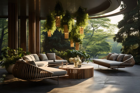An outdoor terrace with a teak lounge set, hanging planters, and a sculptural sunshade. Generative AIの素材