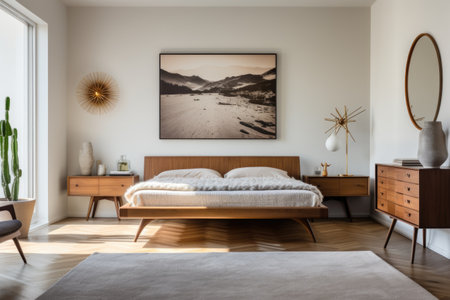 A bedroom with a teak platform bed, a minimalist dresser, and a statement sunburst mirror on the wall. Generative AIの素材