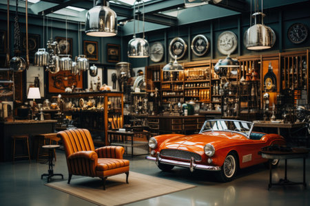 Vintage Car Collector's Garage: A garage with classic car memorabilia, vintage gas pumps, and retro automotive decor. Generative AIの素材