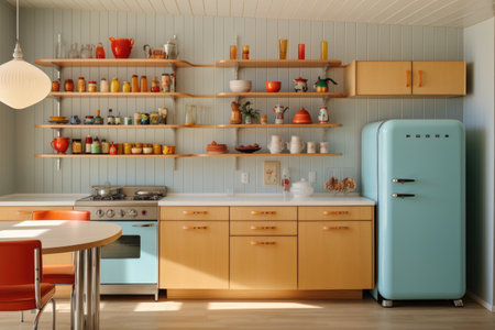 A mid-century kitchen with clean lines, open shelving, and a retro-inspired refrigerator. Generative AIの素材