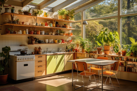 A mid-century kitchen with clean lines, open shelving, and a retro-inspired refrigerator. Generative AIの素材