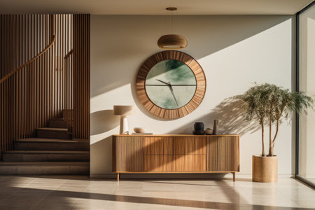 An entryway with a sleek console table, a sunburst clock, and a statement pendant light. Generative AIの素材