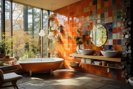 A bathroom with a floating vanity, mosaic tiles, and a freestanding bathtub. Generative AIの素材