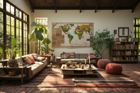 Global Nomad: A living room with a mix of textiles, patterns, and decor pieces collected from travels around the world. Generative AIの素材