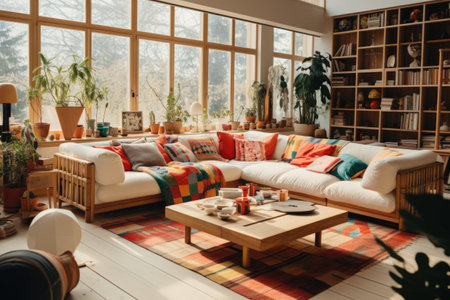 Global Nomad: A living room with a mix of textiles, patterns, and decor pieces collected from travels around the world. Generative AIの素材