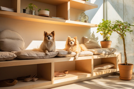Pet-Friendly Paradise: A mudroom with built-in pet beds, storage for leashes and toys, and easy-to-clean surfaces. Generative AIの素材
