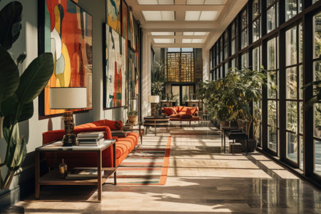 Eclectic Fusion: A hallway with a mix of vintage and modern elements, showcasing an array of art and decor. Generative AIの素材