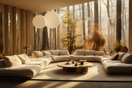 A meditation room with floor cushions, bonsai trees, and calming neutral tones. Generative AIの素材