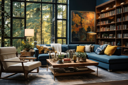 Transitional Charm: A family room blending modern and traditional elements, creating a comfortable and inviting space. Generative AIの素材