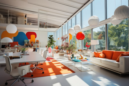 Crisp Contemporary: An office space with clean white surfaces, ergonomic furniture, and pops of bright color. Generative AIの素材