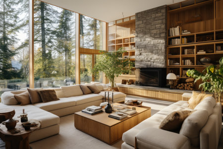 Transitional Charm: A family room blending modern and traditional elements, creating a comfortable and inviting space. Generative AIの素材