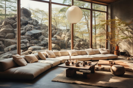 A meditation room with floor cushions, bonsai trees, and calming neutral tones. Generative AIの素材