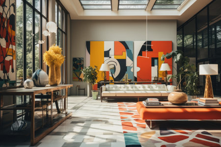 Eclectic Fusion: A hallway with a mix of vintage and modern elements, showcasing an array of art and decor. Generative AIの素材