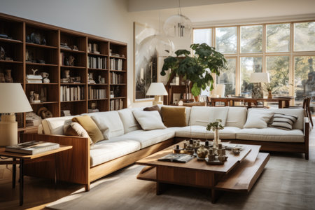 Transitional Charm: A family room blending modern and traditional elements, creating a comfortable and inviting space. Generative AIの素材