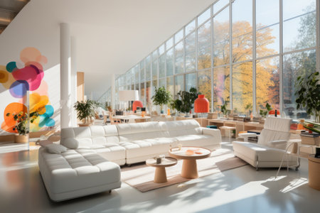 Crisp Contemporary: An office space with clean white surfaces, ergonomic furniture, and pops of bright color. Generative AIの素材