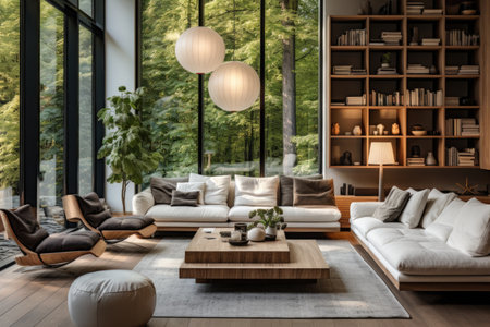 Transitional Charm: A family room blending modern and traditional elements, creating a comfortable and inviting space. Generative AIの素材