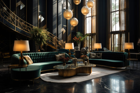 Art Deco Delight: A glamorous lounge with geometric patterns, gold accents, and luxurious velvet seating. Generative AIの素材