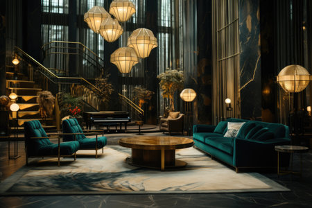 Art Deco Delight: A glamorous lounge with geometric patterns, gold accents, and luxurious velvet seating. Generative AIの素材