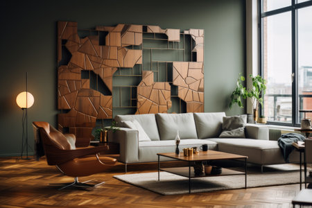 In a chic urban apartment, a creative room divider showcases a geometric pattern of metal and wood, merging style with functionality. Generative AIの素材