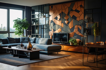 In a chic urban apartment, a creative room divider showcases a geometric pattern of metal and wood, merging style with functionality. Generative AIの素材