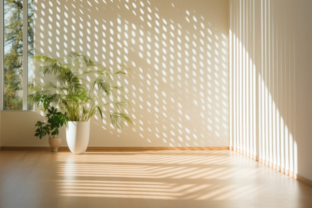 Dynamic, patterns, light, shadow, dance, floor, as, sunlight, filters, through, minimalist, slat, screen, partition, serene, living, room. Generative AIの素材