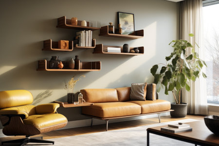 Floating shelves adorned with decorative elements grace a modern living room, serving as an imaginative partition and an artful focal point. Generative AIの素材