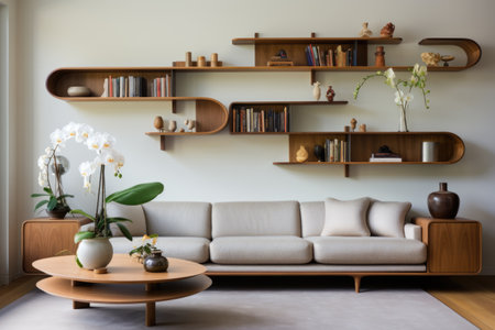 Floating shelves adorned with decorative elements grace a modern living room, serving as an imaginative partition and an artful focal point. Generative AIの素材