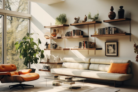 Floating shelves adorned with decorative elements grace a modern living room, serving as an imaginative partition and an artful focal point. Generative AIの素材