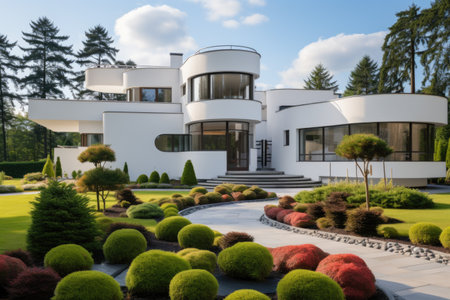 A striking modern house front elevation design showcases clean lines and bold geometric shapes, making a statement in contemporary architecture. Generative AIの素材