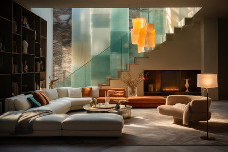 Illuminated by soft backlighting, a backlit onyx partition wall exudes opulence, creating a mesmerizing focal point in the living room. Generative AIの素材