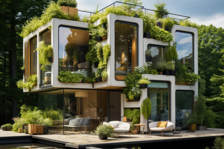 A unique exterior concept emerges with a facade adorned by a vertical garden, adding a vibrant touch of nature to the modern house. Alvar Aalto style. Generative AIの素材