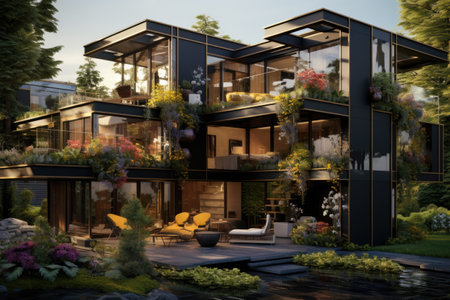 A unique exterior concept emerges with a facade adorned by a vertical garden, adding a vibrant touch of nature to the modern house. Alvar Aalto style. Generative AIの素材