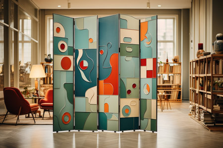 A mosaic-inspired room divider features a symphony of colors and textures, doubling as an artistic masterpiece and spatial separator. Generative AIの素材