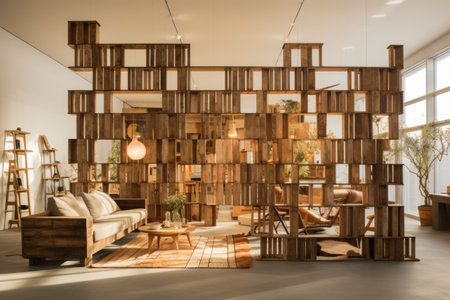A room divider fashioned from repurposed wooden pallets introduces rustic character, capturing a blend of sustainability and style. Generative AIの素材