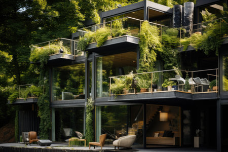 A blend of nature and design unfolds with a living green wall that spans the height of the house front, adding a touch of eco-friendly luxury. Generative AIの素材