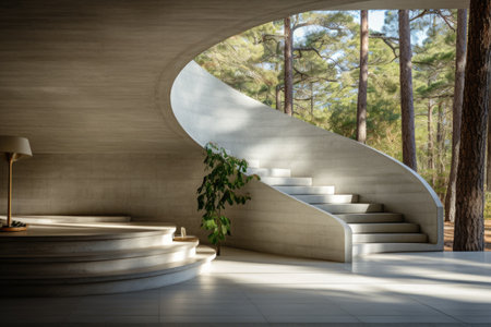 A sense of movement and rhythm is achieved as the home front wall design showcases alternating bands of concrete and glass, creating a captivating visual rhythm. Generative AIの素材