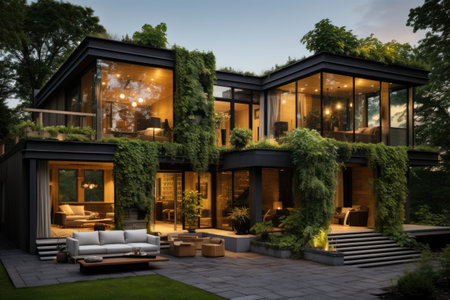 A blend of nature and design unfolds with a living green wall that spans the height of the house front, adding a touch of eco-friendly luxury. Generative AIの素材