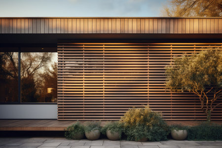 A contemporary twist is added to tradition with a wooden slat screen that complements the clean lines of the house exterior, enhancing privacy and aesthetics. Generative AIの素材