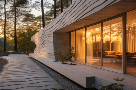 A sense of movement and rhythm is achieved as the home front wall design showcases alternating bands of concrete and glass, creating a captivating visual rhythm. Generative AIの素材
